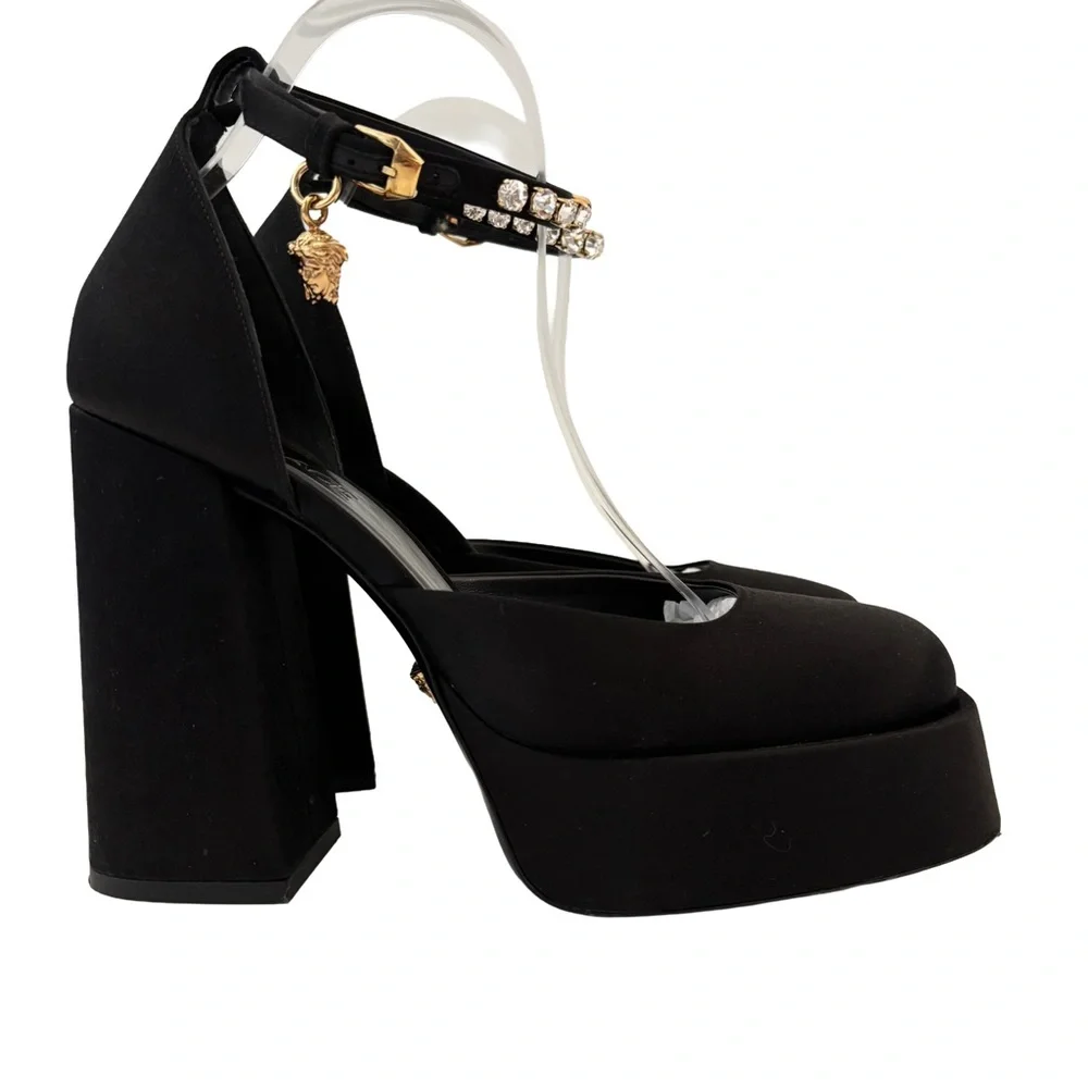 Versace Medusa Aevitas Black Satin Pumps Platform Crystal Heel EU 39.5 US 9.5